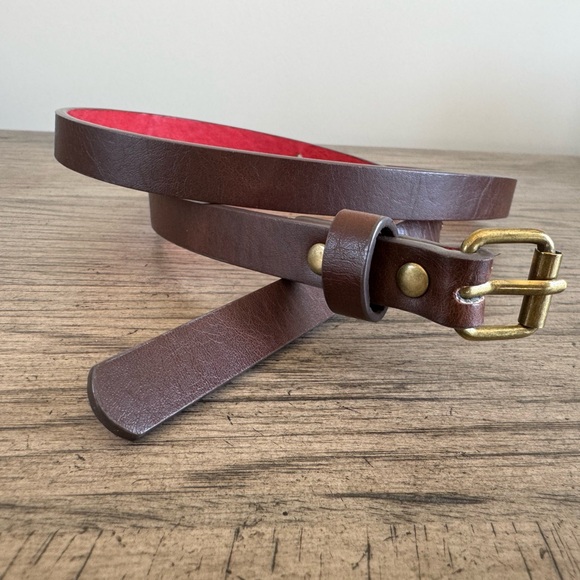 Accessories - Chocolate Brown Leather Belt Skinny Gold Buckle